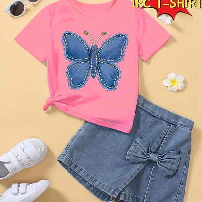 T-shirt fille à manches courtes imprimé papillon bleu – Haut seul, doux et confortable (été)