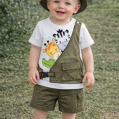 Ensemble été garçon 2 pièces – T-shirt à motif animal avec short patchwork et capuche