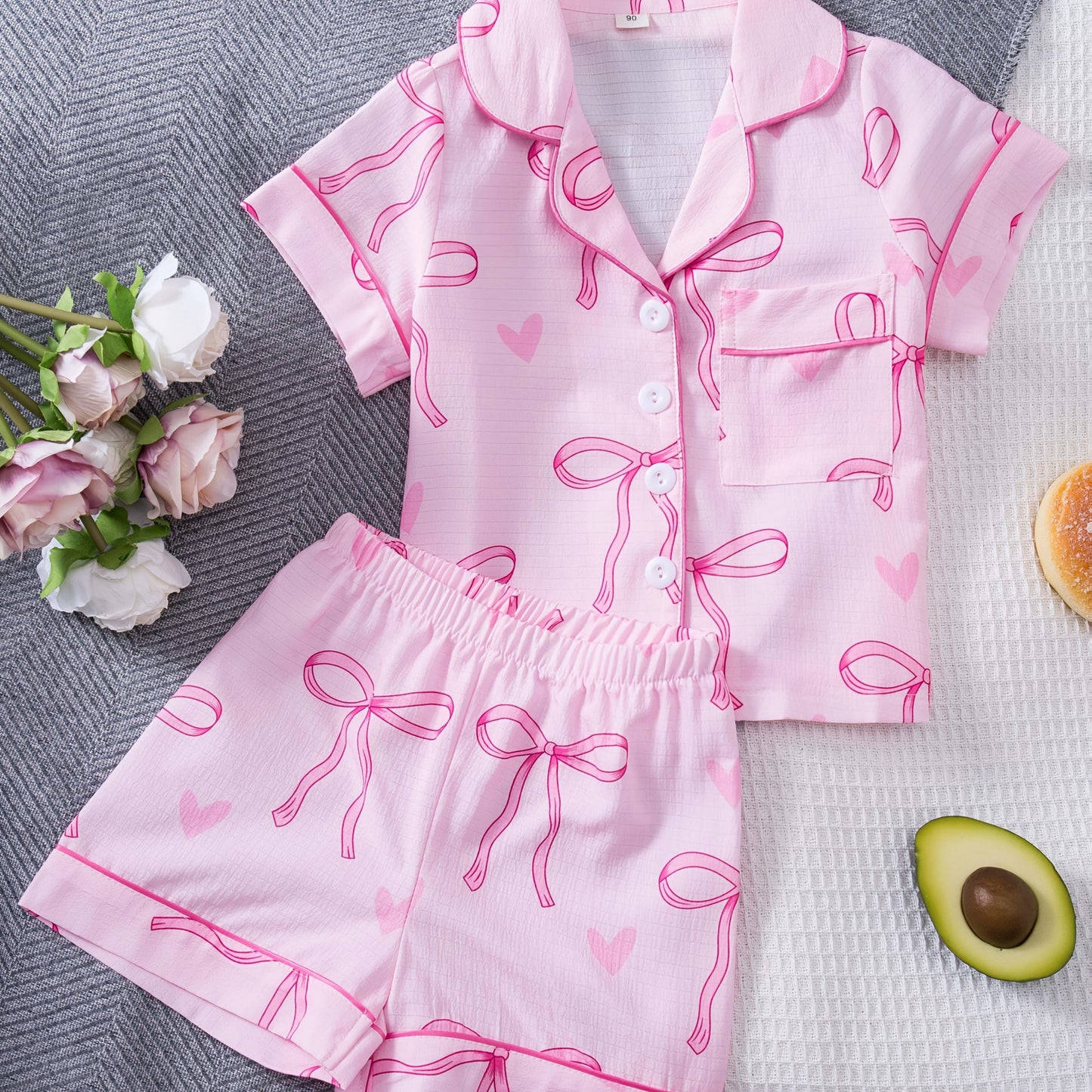 Pyjama Fille 2 Pièces Rose à Nœuds & Cœurs – Ensemble Été Confortable (2 à 8 ans)