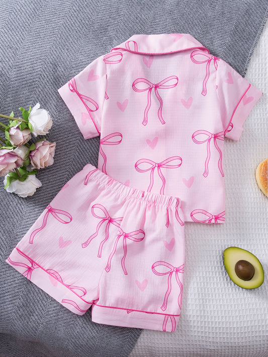 Pyjama Fille 2 Pièces Rose à Nœuds & Cœurs – Ensemble Été Confortable (2 à 8 ans)