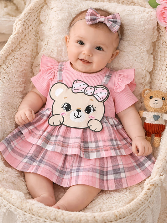 Robe bébé fille 2-en-1 rose motif ourson avec bandeau assorti – Look mignon & confortable