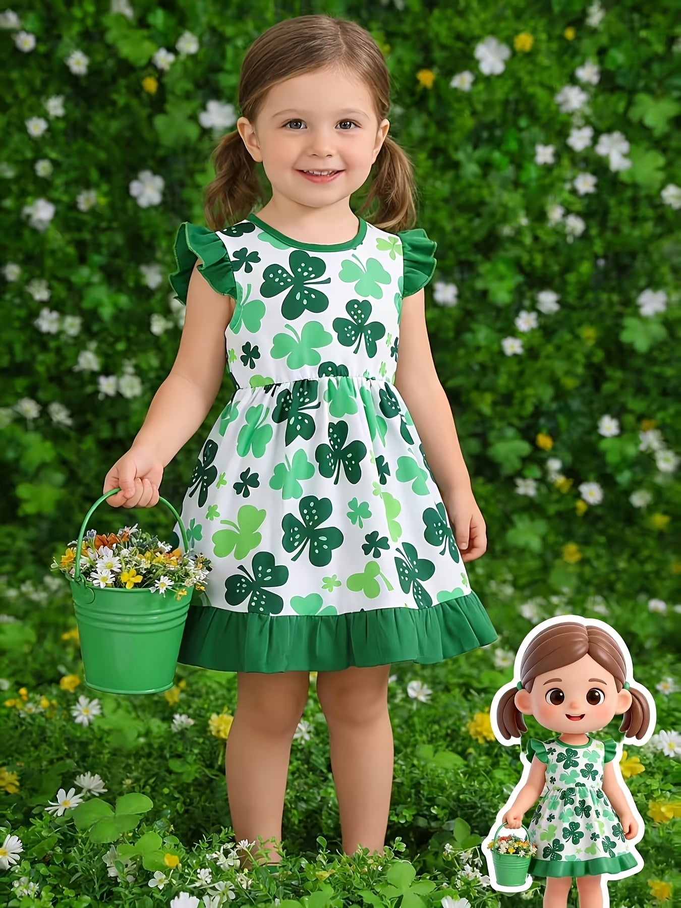 Robe bébé fille décontractée à manches volantes avec motifs trèfle vert – Printemps & Été