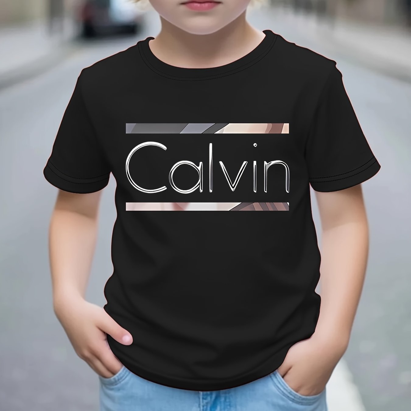 Boys' Calvin Letter '' T-Shirt - Short Sleeve Round Neck Casual Summer Tee with Calvin Name Print, Machine Washable Spring/Summer Outfits for, Casual Attire & Playdates ( & Boys)