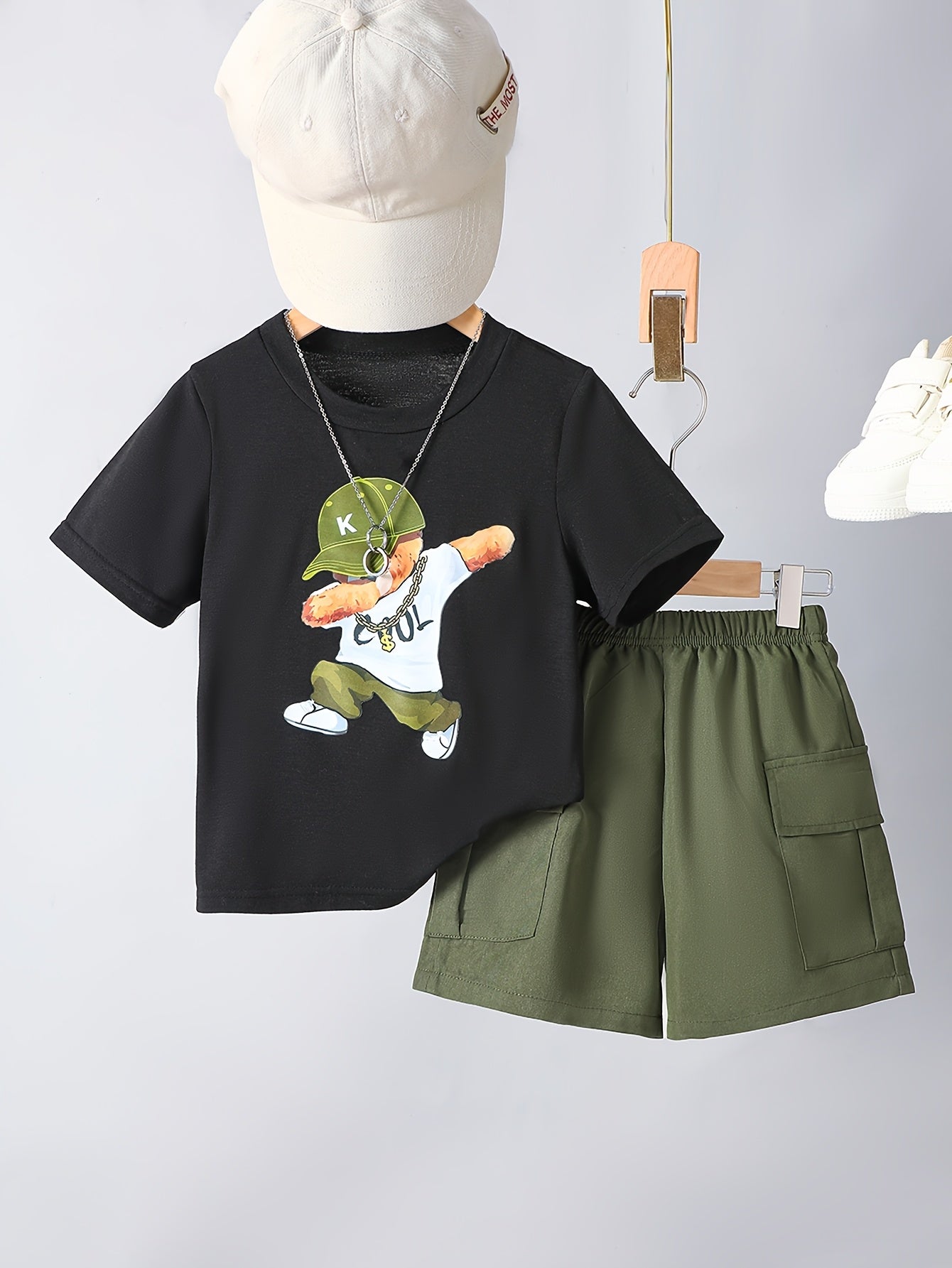 Ensemble garçon 2 pièces été – T-shirt imprimé ours & short confortable (Look décontracté)