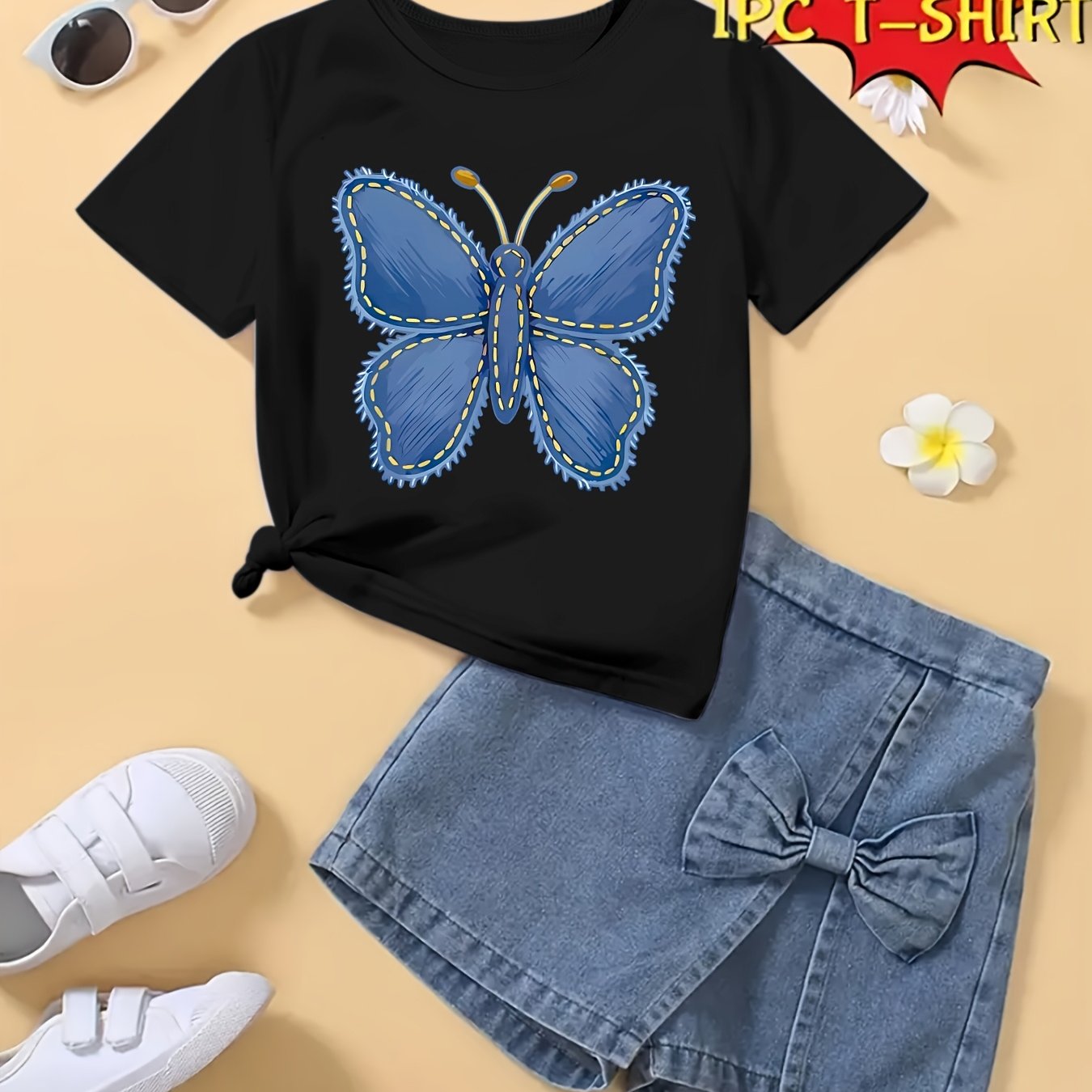 T-shirt fille à manches courtes imprimé papillon bleu – Haut seul, doux et confortable (été)