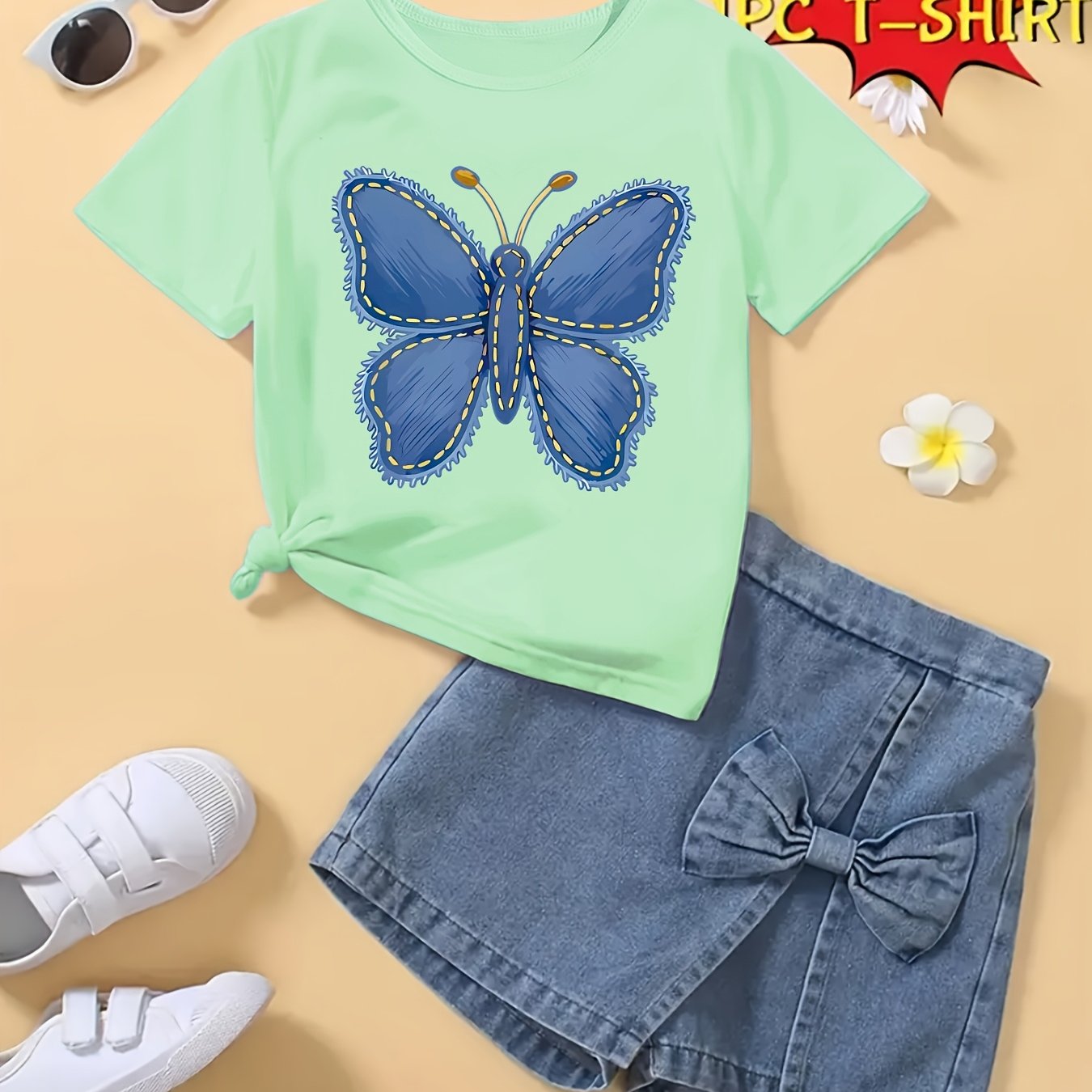 T-shirt fille à manches courtes imprimé papillon bleu – Haut seul, doux et confortable (été)