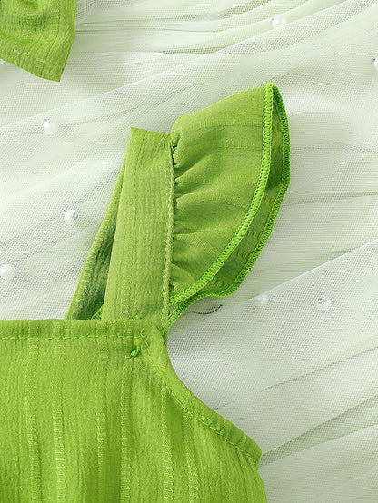 Combinaison bébé élégante verte décorée de fleurs 3D avec manches à volants et grand nœud