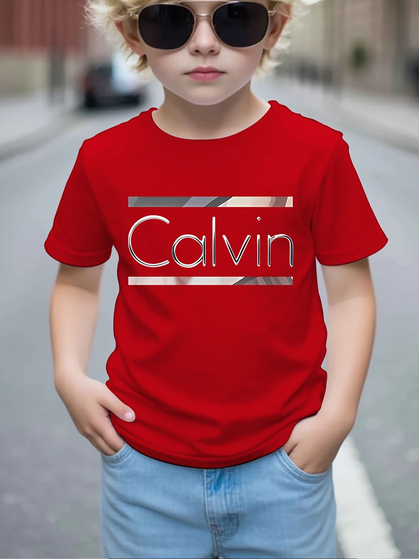 Boys' Calvin Letter '' T-Shirt - Short Sleeve Round Neck Casual Summer Tee with Calvin Name Print, Machine Washable Spring/Summer Outfits for, Casual Attire & Playdates ( & Boys)