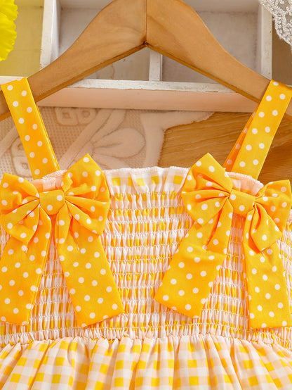 Robe d’été bébé fille à carreaux jaunes – Bretelles à nœuds & motif ananas – 6 mois à 3 ans