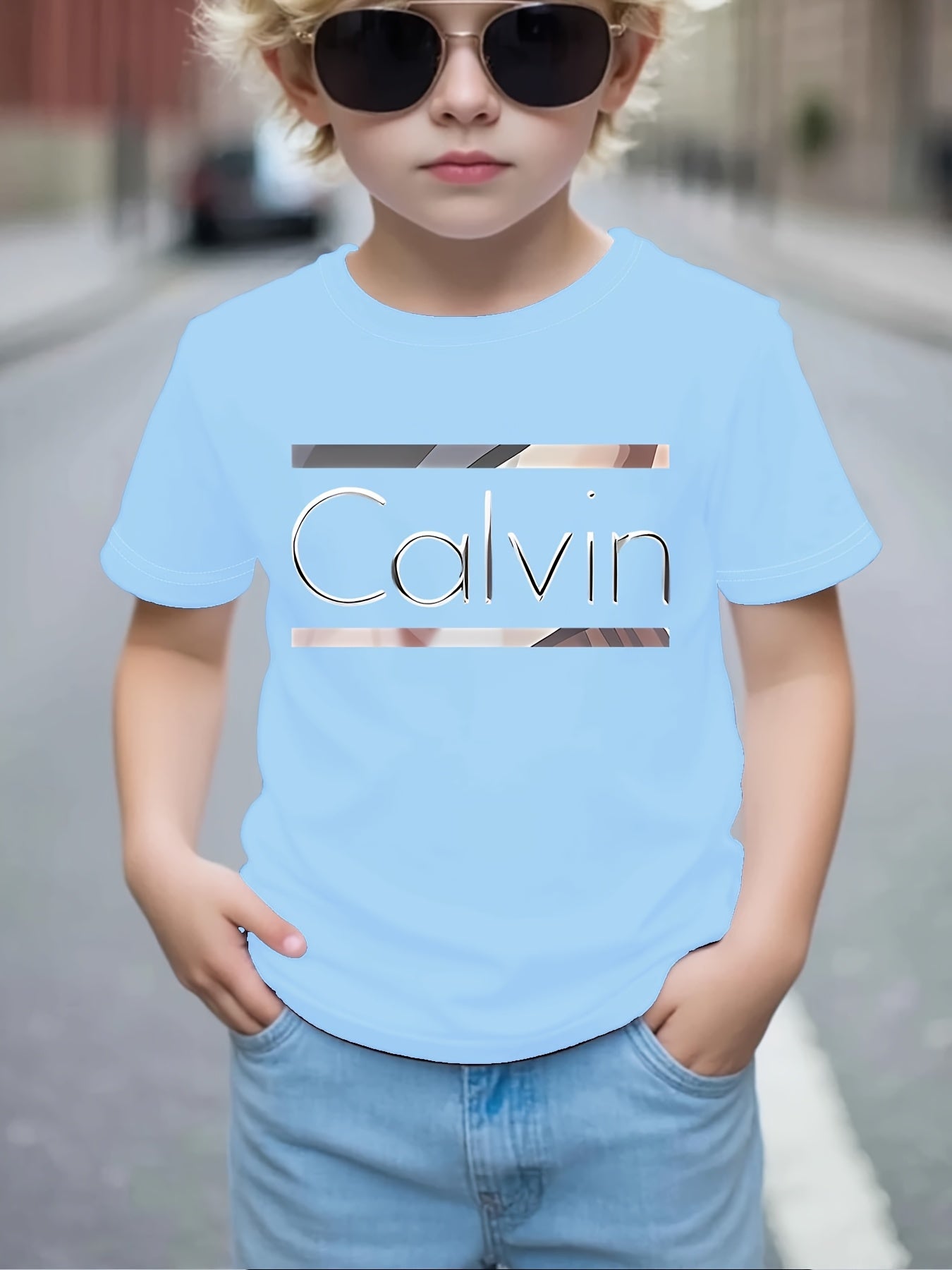 Boys' Calvin Letter '' T-Shirt - Short Sleeve Round Neck Casual Summer Tee with Calvin Name Print, Machine Washable Spring/Summer Outfits for, Casual Attire & Playdates ( & Boys)