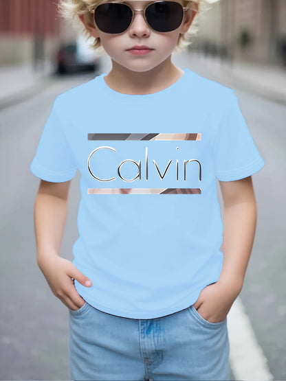 Boys' Calvin Letter '' T-Shirt - Short Sleeve Round Neck Casual Summer Tee with Calvin Name Print, Machine Washable Spring/Summer Outfits for, Casual Attire & Playdates ( & Boys)
