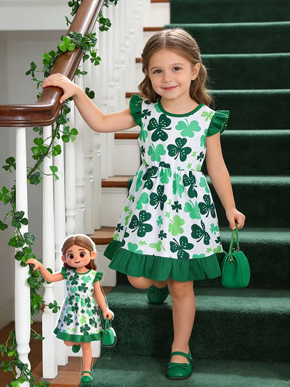 Robe bébé fille décontractée à manches volantes avec motifs trèfle vert – Printemps & Été