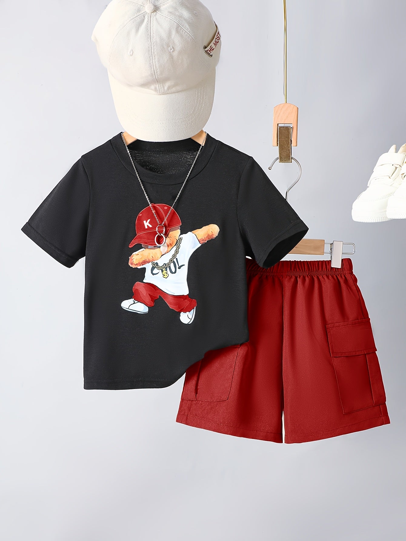 Ensemble garçon 2 pièces été – T-shirt imprimé ours & short confortable (Look décontracté)