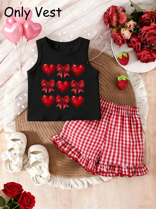 Ensemble fille cœur & nœud – Débardeur sans manches + jupe vichy | Confort été