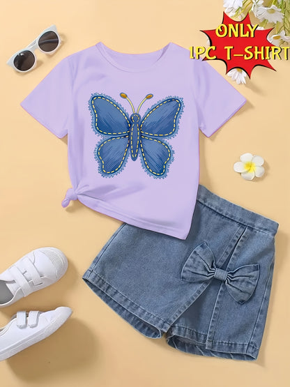 T-shirt fille à manches courtes imprimé papillon bleu – Haut seul, doux et confortable (été)
