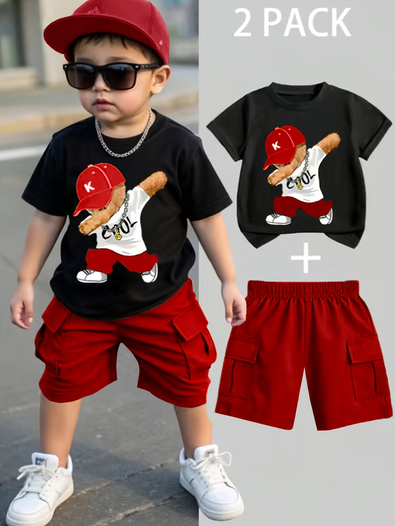 Ensemble garçon 2 pièces été – T-shirt imprimé ours & short confortable (Look décontracté)