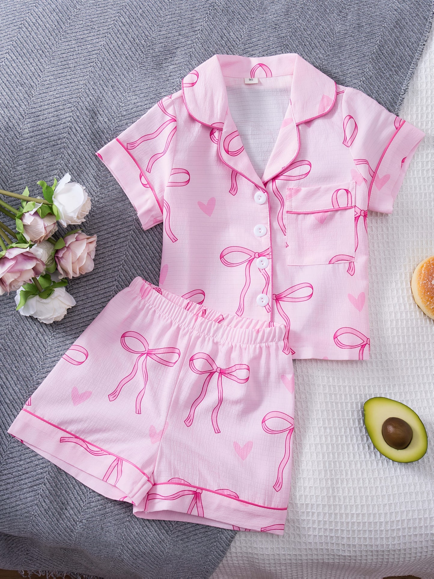 Pyjama Fille 2 Pièces Rose à Nœuds & Cœurs – Ensemble Été Confortable (2 à 8 ans)