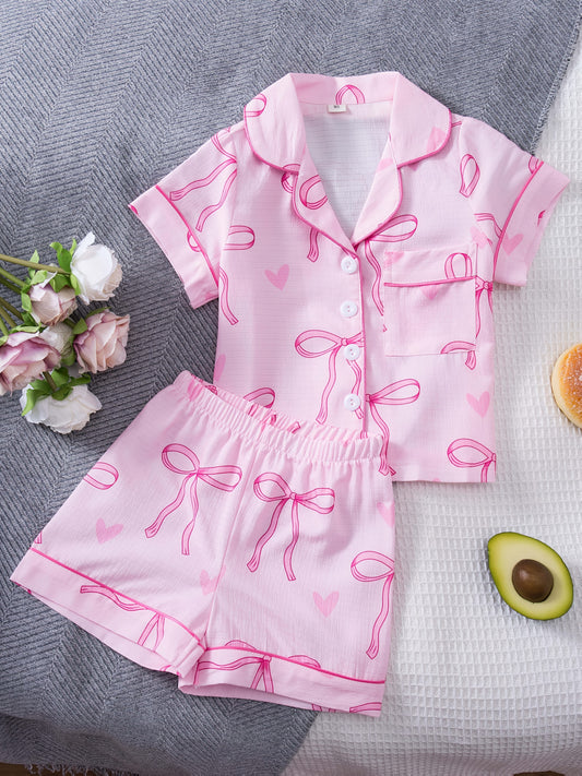 Pyjama Fille 2 Pièces Rose à Nœuds & Cœurs – Ensemble Été Confortable (2 à 8 ans)
