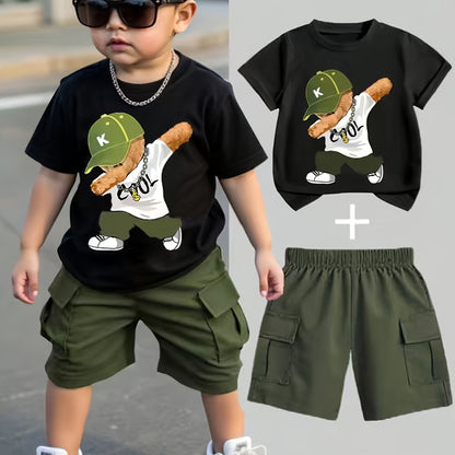 Ensemble garçon 2 pièces été – T-shirt imprimé ours & short confortable (Look décontracté)
