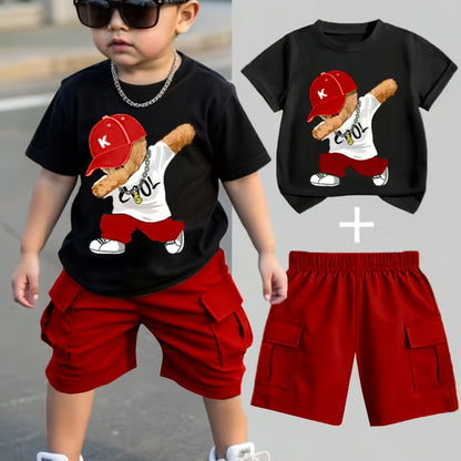 Ensemble garçon 2 pièces été – T-shirt imprimé ours & short confortable (Look décontracté)