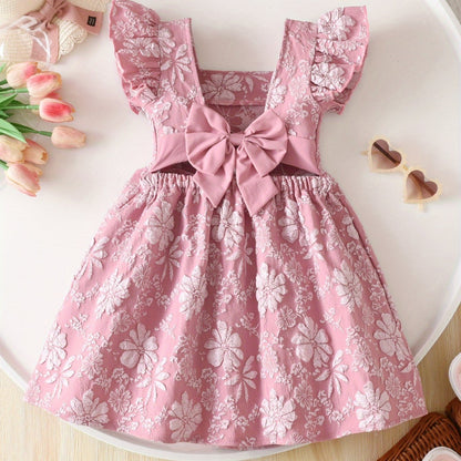 Robe d’Été Fille Sans Manches à Nœud – Coupe Évasée, Col Carré, Style Princesse