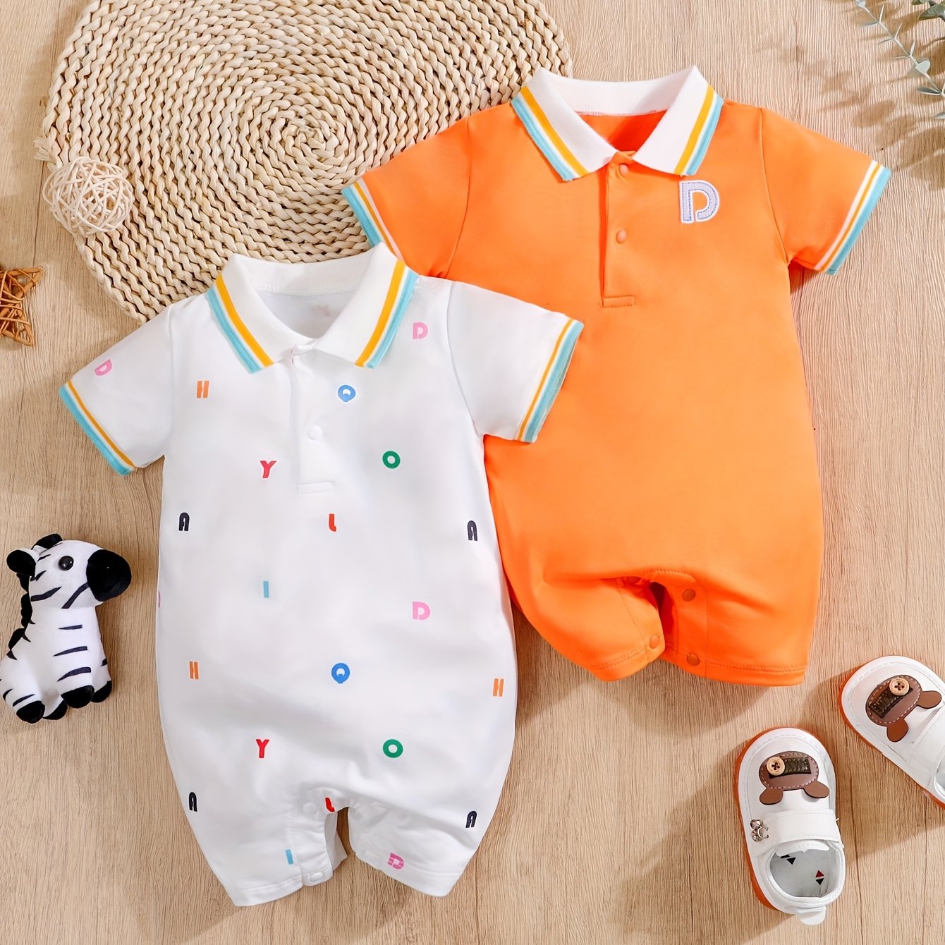 Combinaison Polo Bébé Nouveau-né – 1 Pièce – 100 % Coton Doux – Motifs Lettres Brodées – Été