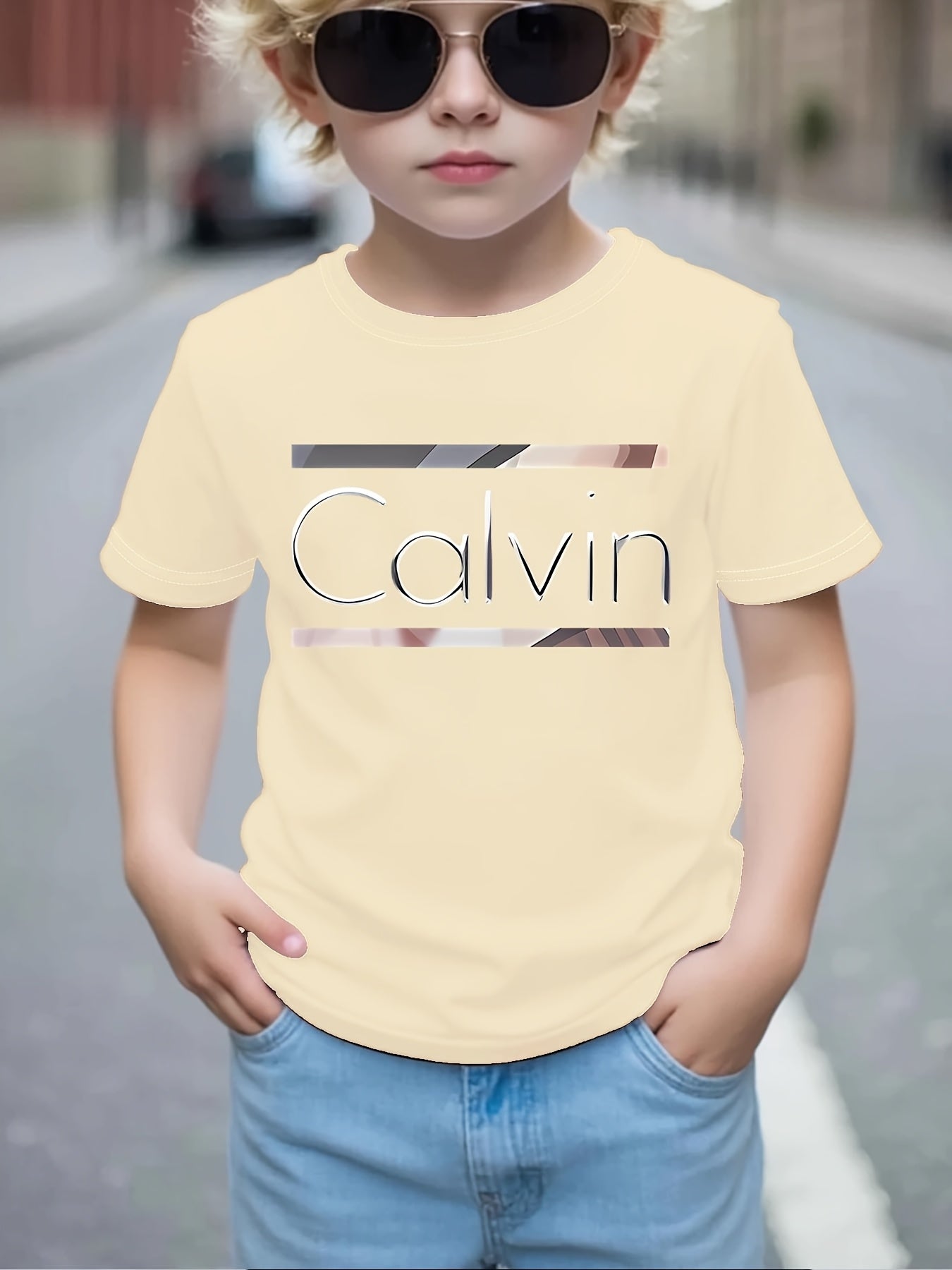 Boys' Calvin Letter '' T-Shirt - Short Sleeve Round Neck Casual Summer Tee with Calvin Name Print, Machine Washable Spring/Summer Outfits for, Casual Attire & Playdates ( & Boys)