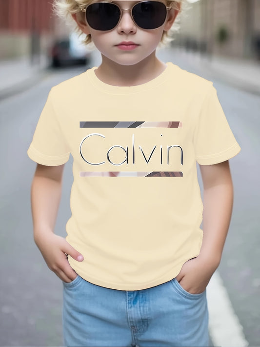 Boys' Calvin Letter '' T-Shirt - Short Sleeve Round Neck Casual Summer Tee with Calvin Name Print, Machine Washable Spring/Summer Outfits for, Casual Attire & Playdates ( & Boys)