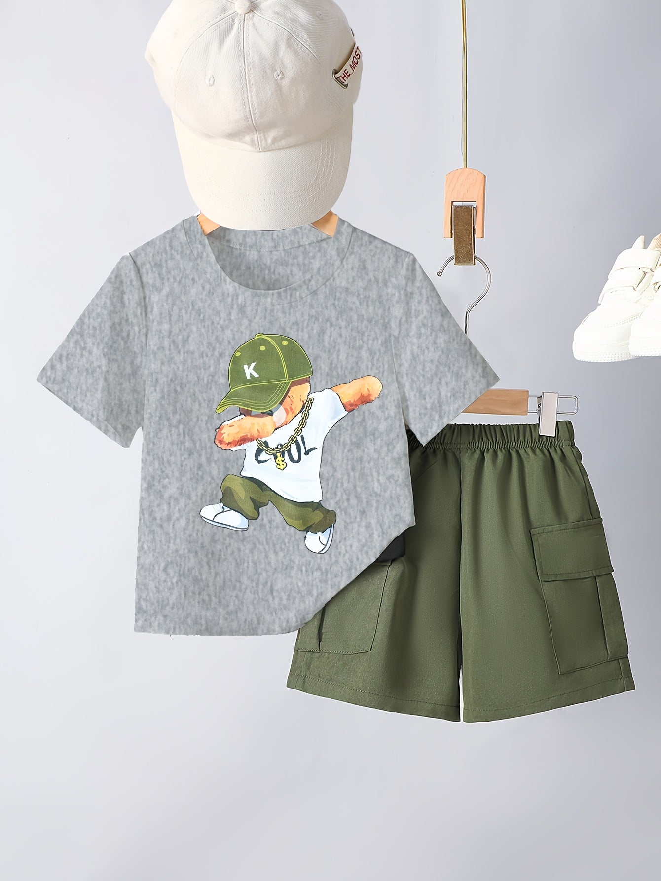 Ensemble garçon 2 pièces été – T-shirt imprimé ours & short confortable (Look décontracté)