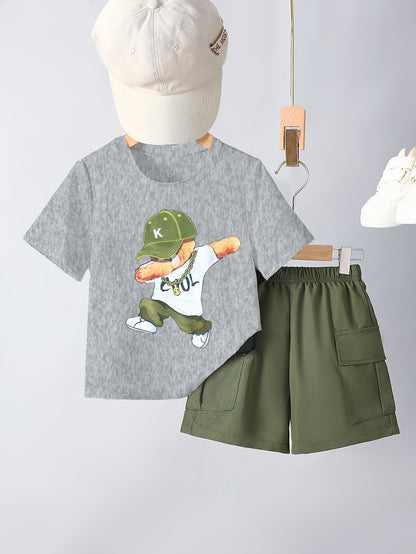 Ensemble garçon 2 pièces été – T-shirt imprimé ours & short confortable (Look décontracté)
