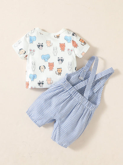 Ensemble Bébé Garçon 2 Pièces Été – T-shirt + Salopette Short (Motif Animaux)