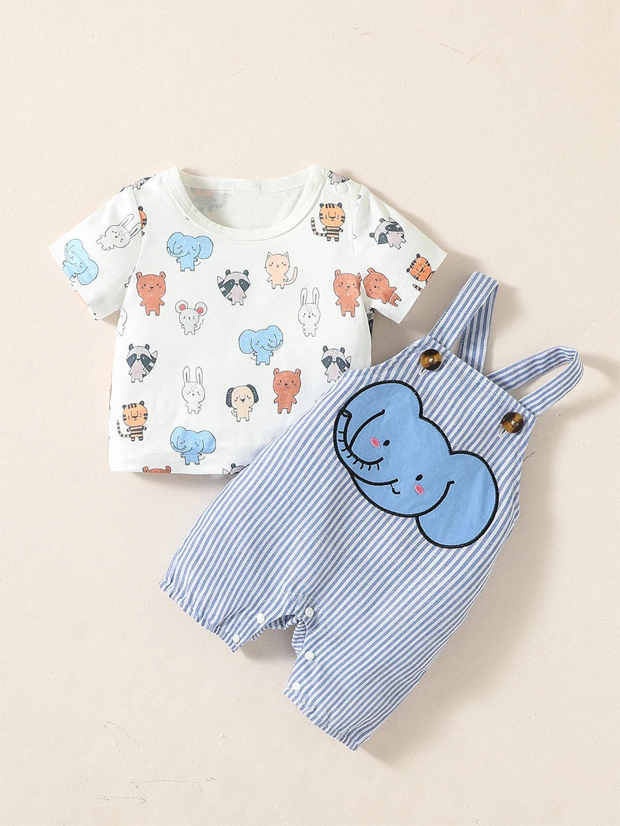 Ensemble Bébé Garçon 2 Pièces Été – T-shirt + Salopette Short (Motif Animaux)