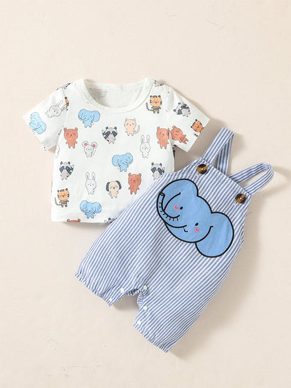 Ensemble Bébé Garçon 2 Pièces Été – T-shirt + Salopette Short (Motif Animaux)