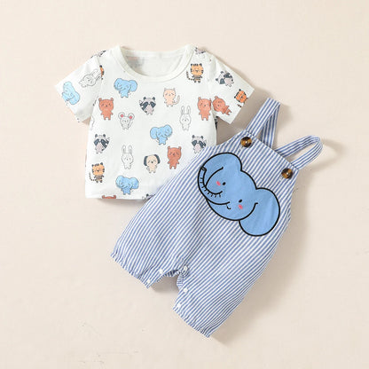 Ensemble Bébé Garçon 2 Pièces Été – T-shirt + Salopette Short (Motif Animaux)