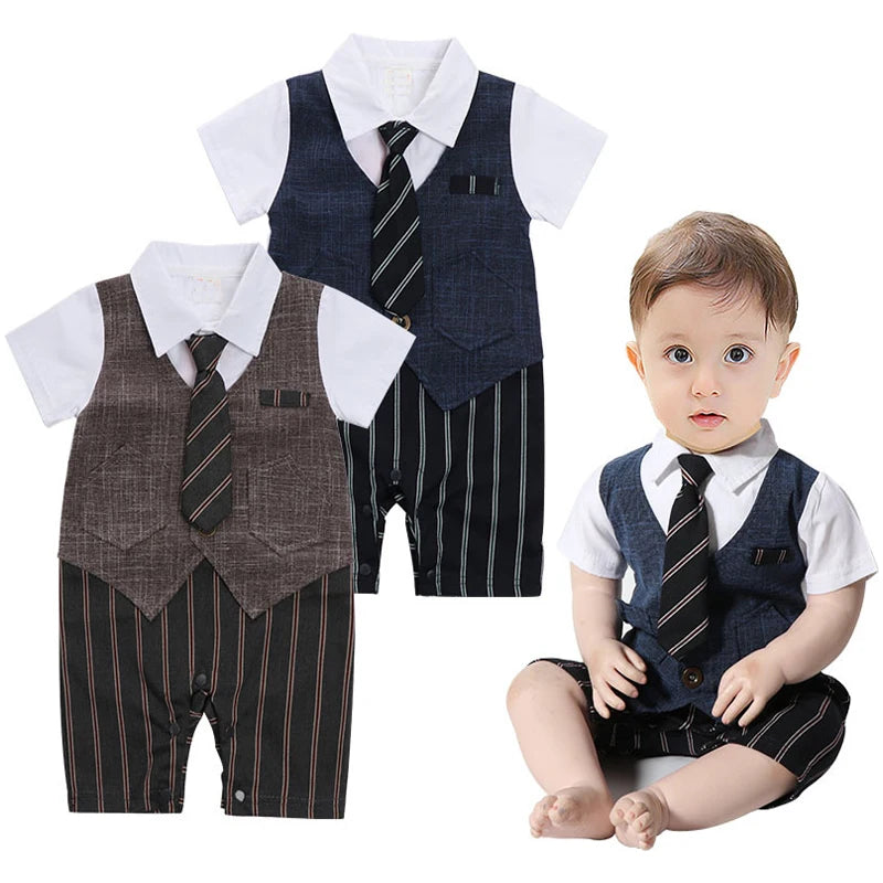 Ensemble Bébé Garçon “Petit Gentleman” – Barboteuse Habillée + Casquette | 0–12 Mois