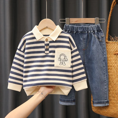 Ensemble 2 Pièces Enfant Rayé – Haut à Manches Longues & Pantalon en Jean