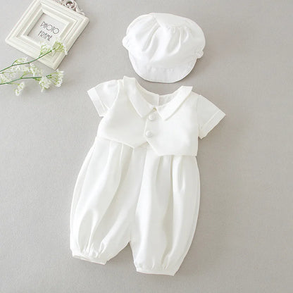 Tenue Baptême Bébé Garçon – Ensemble Blanc Cérémonie avec Chapeau Élégant