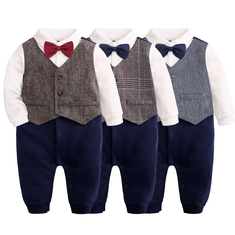Costume formel pour nouveau-né garçon, barboteuse à manches longues, combinaison avec nœud papillon, tenue de smoking, vêtements pour bébés de 0 à 24 mois, cadeau