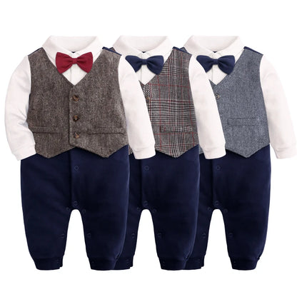Costume formel pour nouveau-né garçon, barboteuse à manches longues, combinaison avec nœud papillon, tenue de smoking, vêtements pour bébés de 0 à 24 mois, cadeau