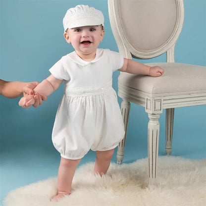 Tenue Baptême Bébé Garçon – Ensemble Blanc Cérémonie avec Chapeau Élégant