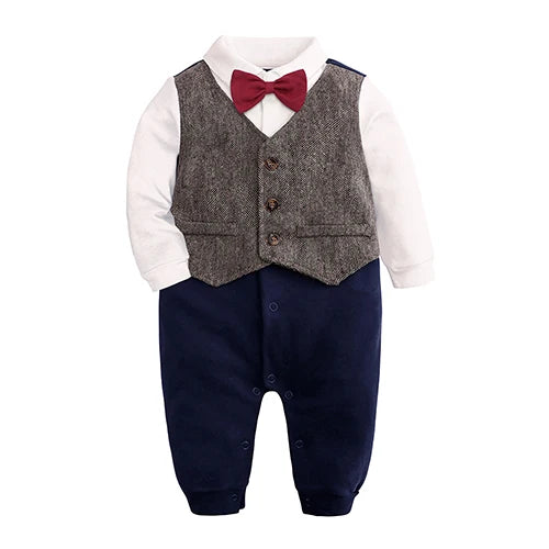 Costume formel pour nouveau-né garçon, barboteuse à manches longues, combinaison avec nœud papillon, tenue de smoking, vêtements pour bébés de 0 à 24 mois, cadeau