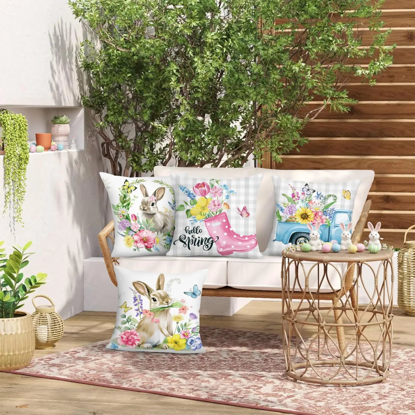 Lot de 4 Housses de Coussin Pâques – Décoration Printemps (18x18 po)