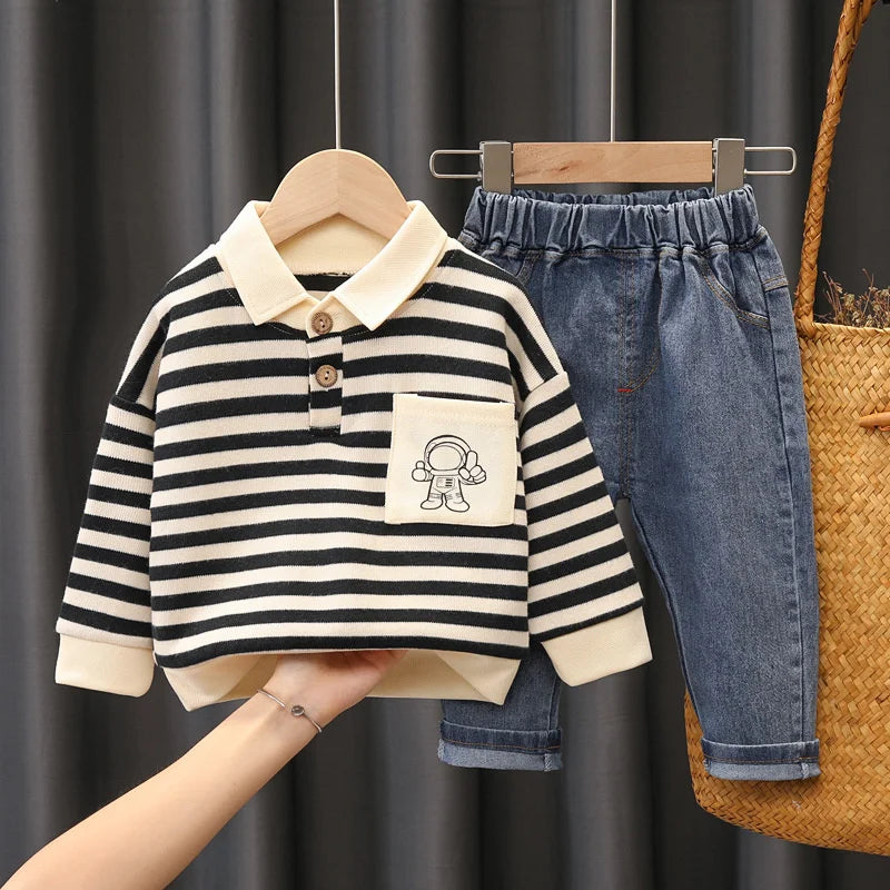 Ensemble 2 Pièces Enfant Rayé – Haut à Manches Longues & Pantalon en Jean