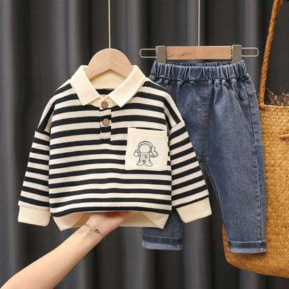 Ensemble 2 Pièces Enfant Rayé – Haut à Manches Longues & Pantalon en Jean