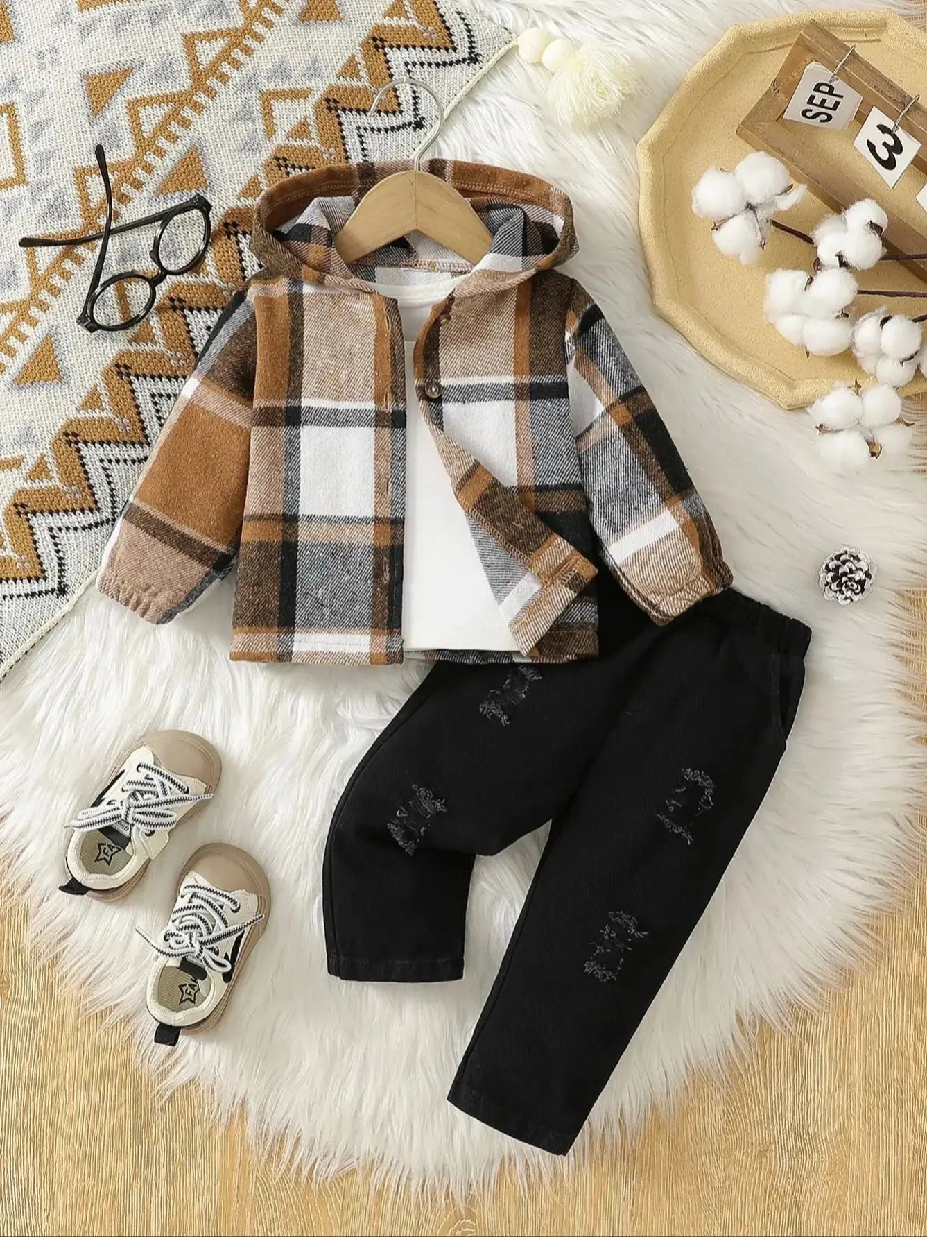 Ensemble d’automne bébé garçon 2 pièces – Veste à capuche à carreaux & pantalon confortable (6 à 36 mois)