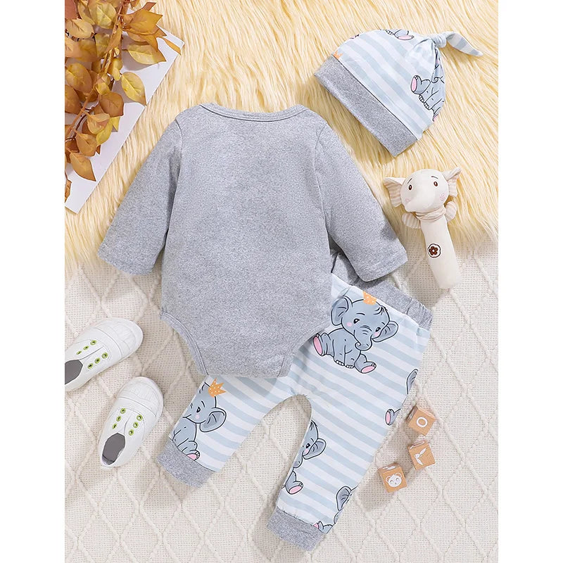 Ensemble bébé automne 2 pièces – Barboteuse imprimée manches longues & bonnet assorti (0 à 24 mois)