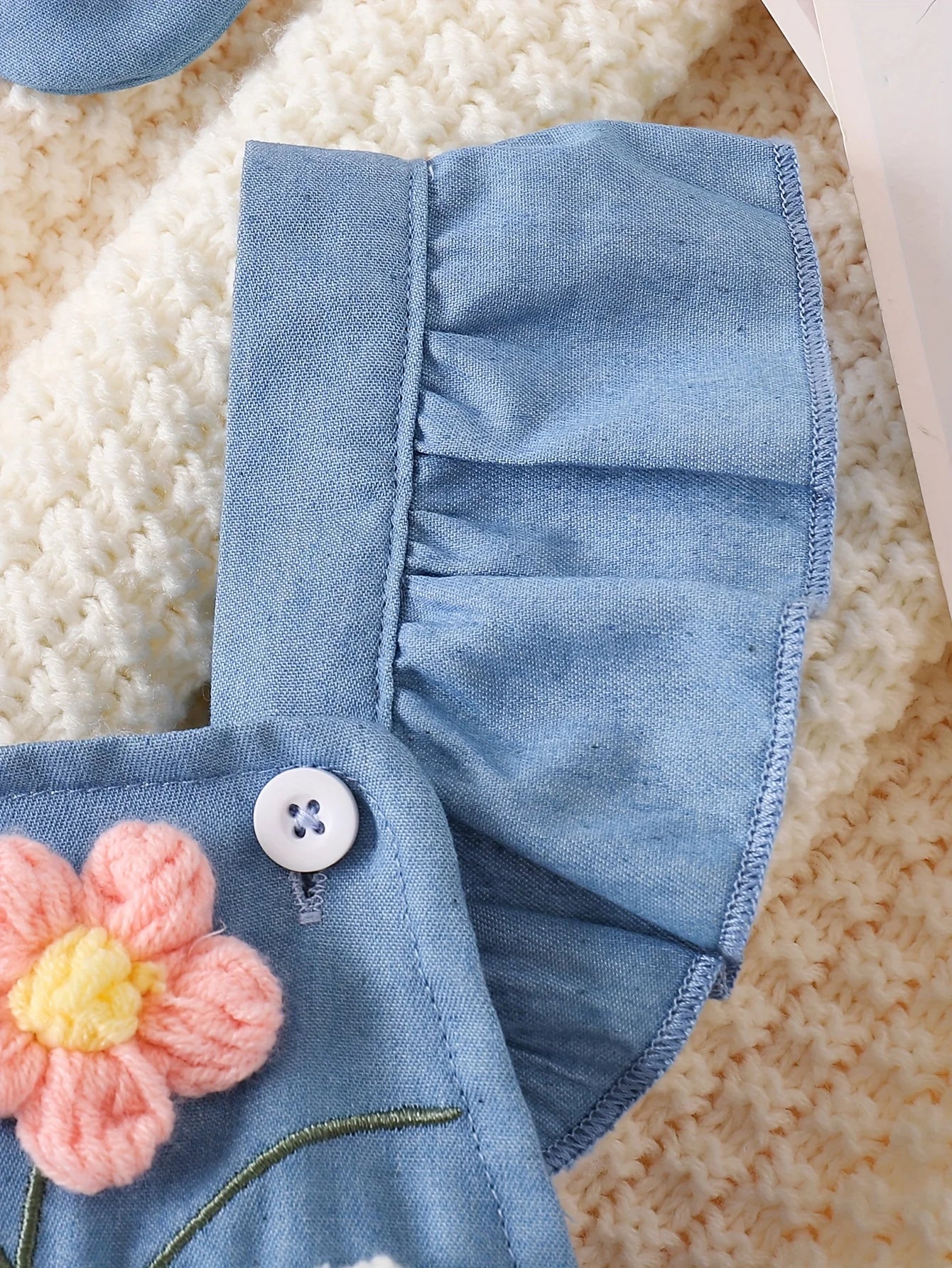 Barboteuse Denim Bébé Fille Fleurie 3D + Bandeau – Set 2 Pièces