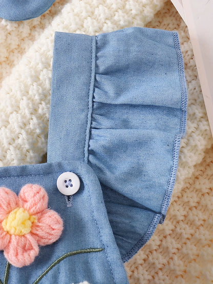 Barboteuse Denim Bébé Fille Fleurie 3D + Bandeau – Set 2 Pièces