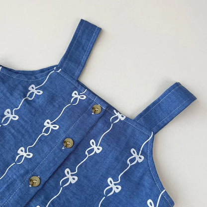 Ensemble Fille 2 Pièces Bleu – Haut Sans Manches Brodé & Pantalon (4–6 ans)