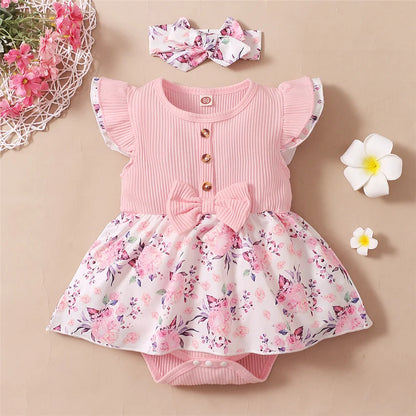 Barboteuse florale bébé fille 0–18 mois – Robe d’été côtelée avec bandeau assorti